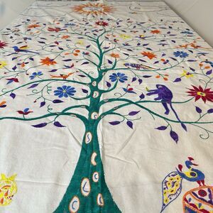 10000 Villages Tree Of Life Embroidered Tablecloth New w Tags 57 x 82 Inch